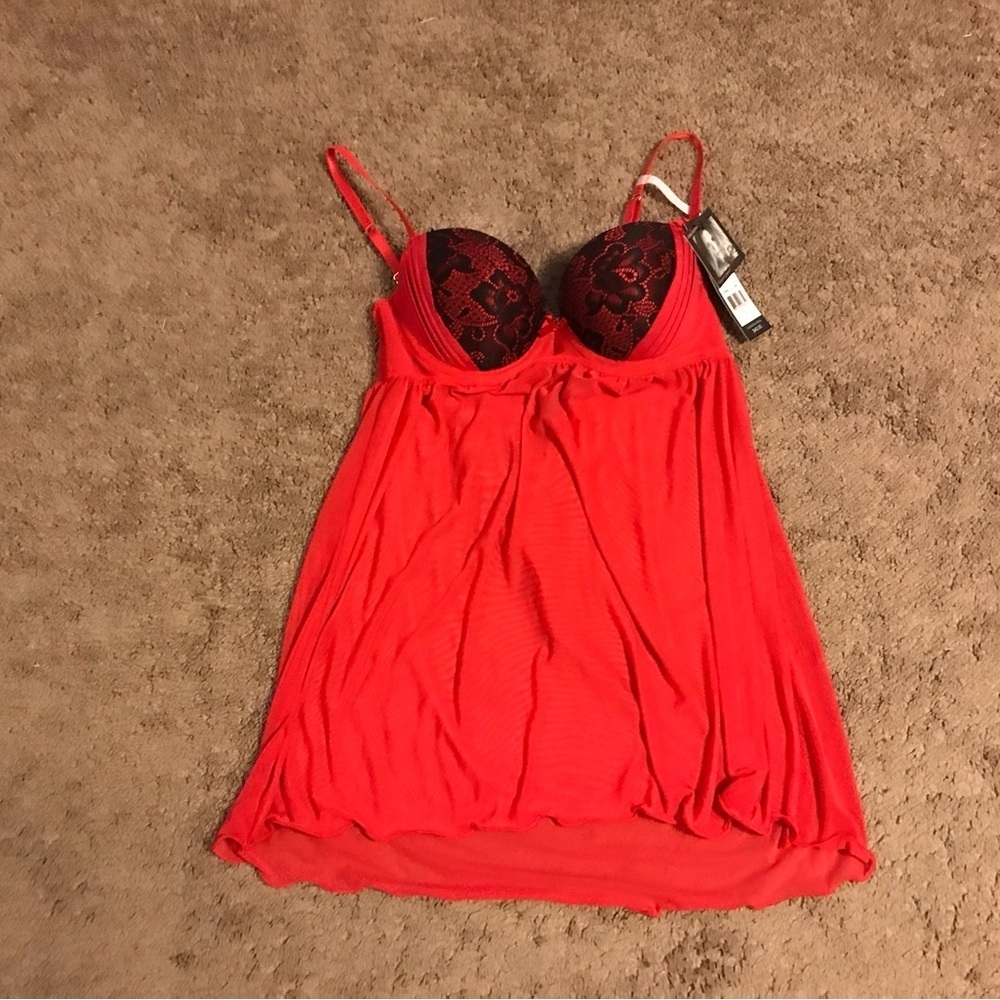 NEW Daisy Fuentes Babydoll Push up Bra set  size Large Red Intimates Sheer Ling